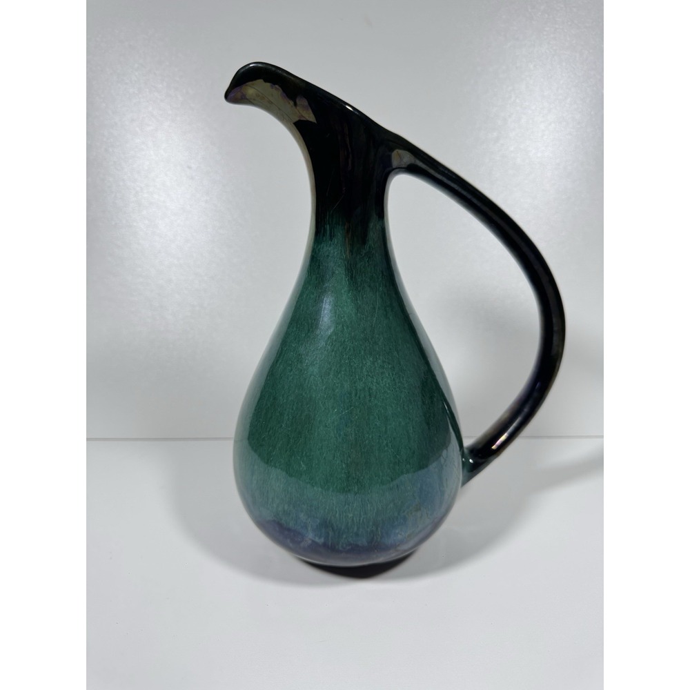 Vtg Blue Mountain Pottery Green Hues Reflowing Glaze Redware Tall Pitcher MCM